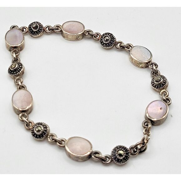 Gorgeous Artisan Hematite Abalone Mother of Pearl Sterling Silver Bracelet 8in - Picture 1 of 5